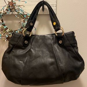 Simply Vera Wang Black Leather Handbag Purse 2 Patent Leather Handles Gold 15”W